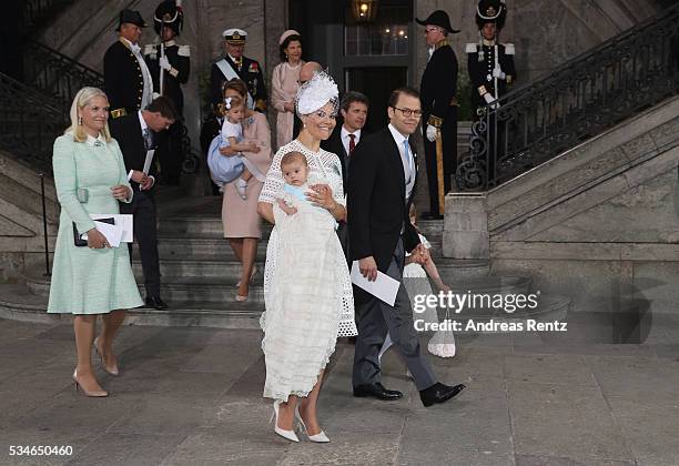 Crown Princess Mette-Marit of Norway, Crown Princess Victoria of Sweden holds Prince Oscar, Duke of Skane and Prince Daniel, Duke of Vastergotland...