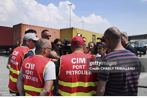 Members of the General Assembly of the CIM (Industrial and Shipping Company: Labour union CGT's local secretary for Le Havre Reynald Kubecki, CCE's...