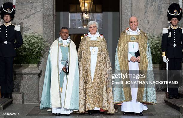 Bishop Johan Dalman , Arch Bishop Antje Jackelen and the Reverend Michael Bjerkehagen arrive to the christening of Prince Oscar at the Royal Chapel...