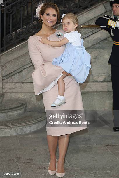 Princess Madeleine of Sweden and Princess Leonore of Sweden are seen after the christening of Prince Oscar of Sweden at Royal Palace of Stockholm on...