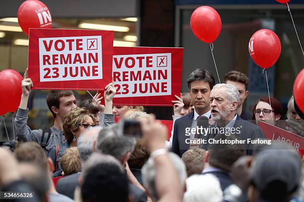 Labour Leader Jeremy Corbyn and former leader Ed Miliband address supporters and members of the public in Doncaster town centre on May 27, 2016 in...