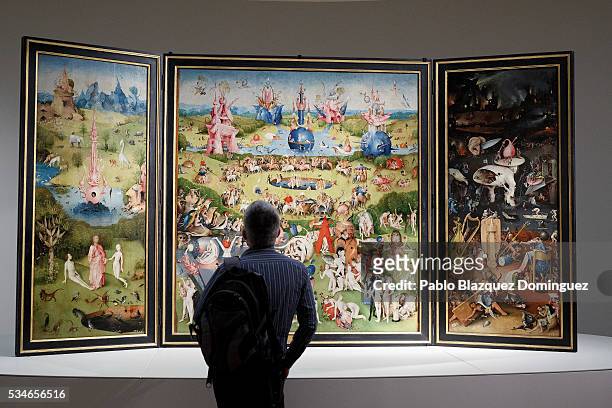 Man looks at of 'The Garden of Earthly Delights Triptych' by the Dutch painter Hieronymus Bosch during a press preview of the 'El Bosco' 5th...