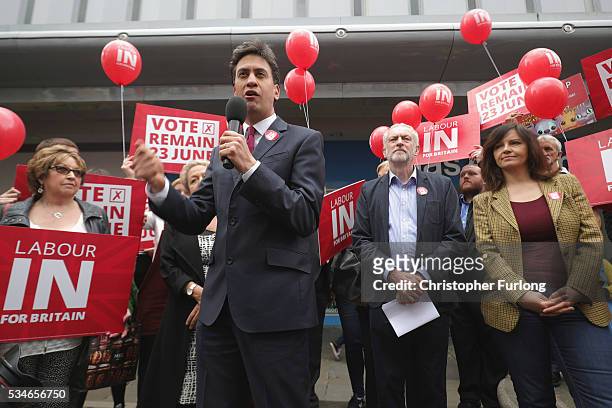 Labour Leader Jeremy Corbyn and former leader Ed Miliband address supporters and members of the public in Doncaster town centre on May 27, 2016 in...