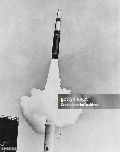 View of a Boeing LGM-30G Minuteman III ICBM missile as it is launched, 1970s.