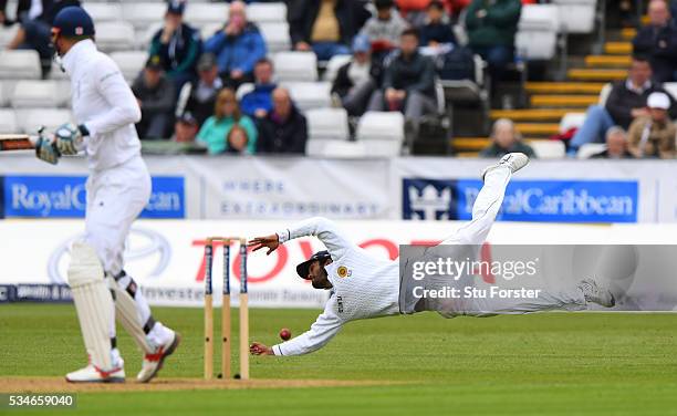 England batsman Alex Hales survives a sharp chance to slip during day one of the 2nd Investec Test match between England and Sri Lanka at Emirates...