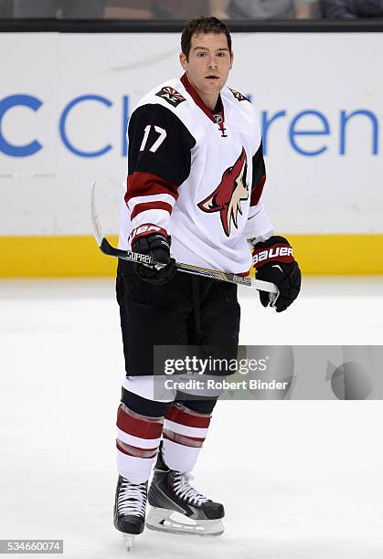 Steve Downie of the Arizona Coyotes warms up before the game against the Anaheim Ducks at Honda Center on October 14, 2015 in Anaheim, California.