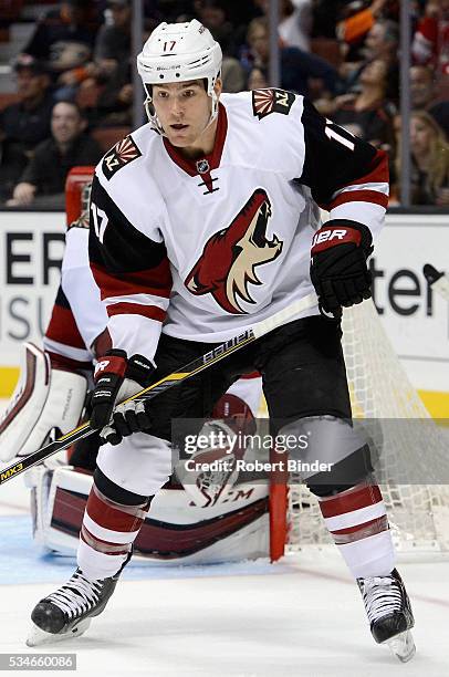 Steve Downie of the Arizona Coyotes plays in the game against the Anaheim Ducks at Honda Center on October 14, 2015 in Anaheim, California.