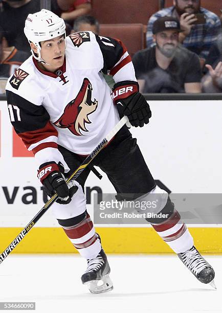 Steve Downie of the Arizona Coyotes plays in the game against the Anaheim Ducks at Honda Center on October 14, 2015 in Anaheim, California.
