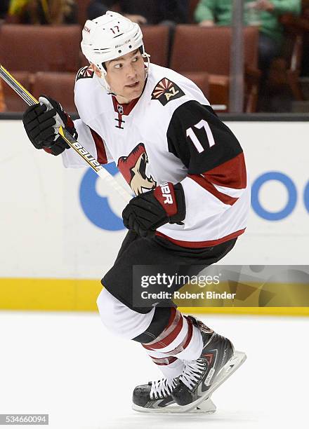 Steve Downie of the Arizona Coyotes plays in the game against the Anaheim Ducks at Honda Center on October 14, 2015 in Anaheim, California.