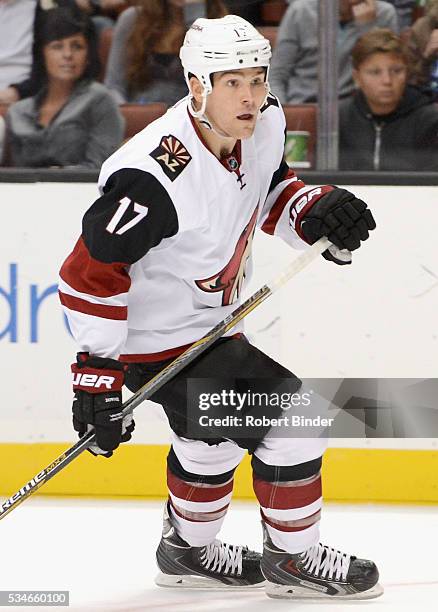 Steve Downie of the Arizona Coyotes plays in the game against the Anaheim Ducks at Honda Center on October 14, 2015 in Anaheim, California.