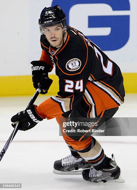 Simon Despres of the Anaheim Ducks plays in the game against the Arizona Coyotes at Honda Center on October 14, 2015 in Anaheim, California.