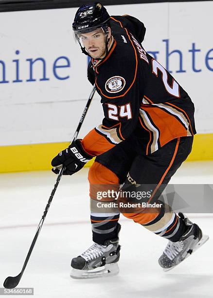 Simon Despres of the Anaheim Ducks plays in the game against the Arizona Coyotes at Honda Center on October 14, 2015 in Anaheim, California.