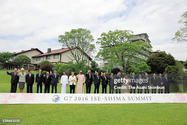 Leaders attend the family photo session of the outreach meeting during the Group of Seven summit on May 27, 2016 in Shima, Mie, Japan. The 2-day...