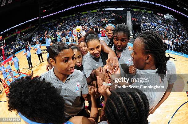 Tha Atlanta Dream huddle prior to the start of the WNBA game on May 21, 2016 at Philips Arena in Atlanta, Georgia. NOTE TO USER: User expressly...