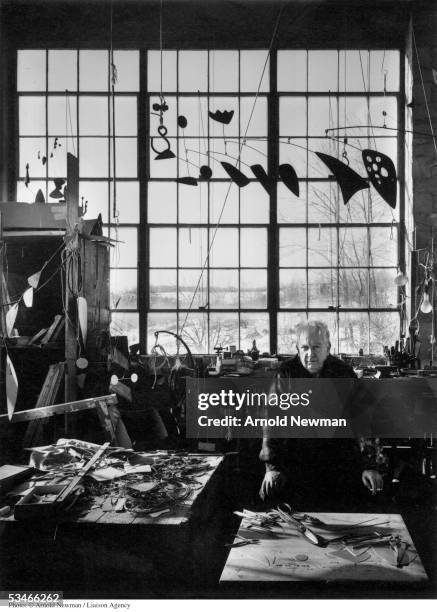 Portrait of sculptor Alexander Calder January 3, 1957 in his studio in Woodbury, Connecticut.