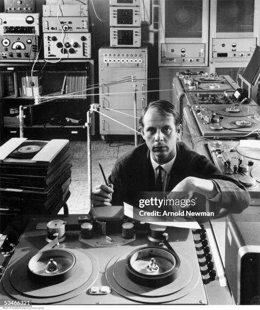 Portrait of German composer Karlheinz Stockhausen July 7, 1964 in Cologne, Germany. Stockhausen used twelve-tone music techniques which was a...