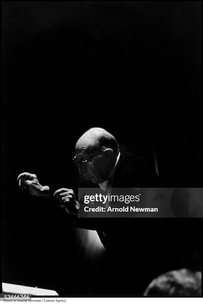 Russian composer Igor Stravinsky conducts during rehearsals October 1, 1966 in Princeton, New Jersey. Stravinsky is widely considered one of the...