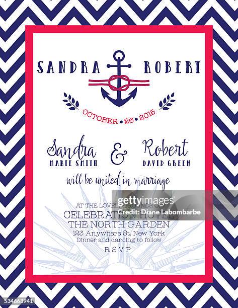red blue nautical wedding invitation - nautical invitation stock illustrations