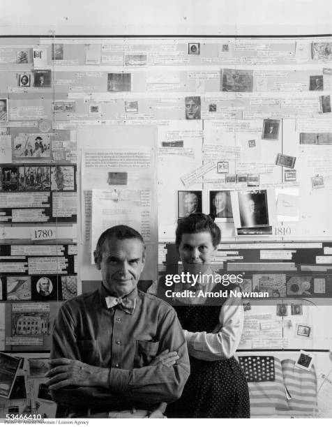 Portrait of Charles and Ray Eames, American furniture designers, November 16, 1974 in Venice, California. Charles and wife Ray brought fresh and...