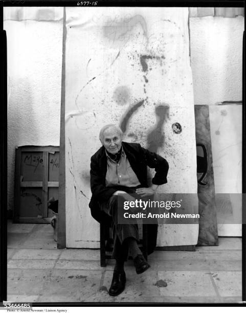 Spanish Surrealist artist Joan Miro poses for portrait in his studio March 22, 1979 in Mallorca, Spain.