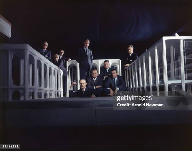 Group portrait of the Lincoln Center Architects Group including Edward Mathews, Philip Johnson, Jo Mielziner, John D Rockefeller, Eero Saarinen,...