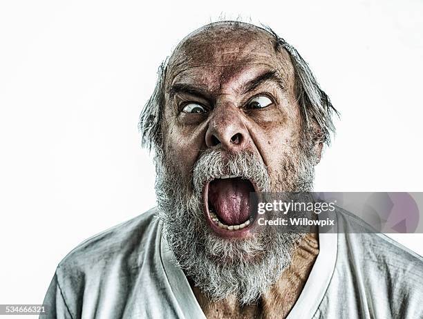 frantic senior man screaming - tousled hair man stock pictures, royalty-free photos & images