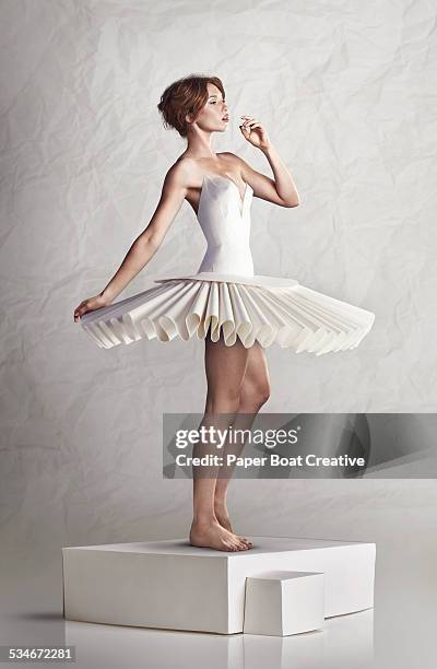 young woman in white paper craft ballet dress - white dress stock pictures, royalty-free photos & images
