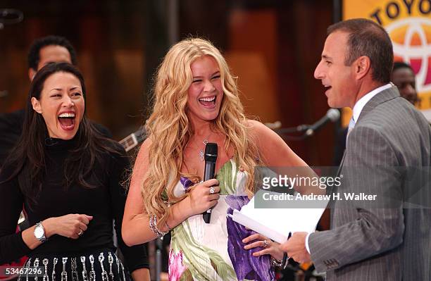 Today Show anchor Ann Curry, singer Joss Stone and Today Show anchor Matt Lauer joke around at the Toyota Concert Series on Today on August 26, 2005...