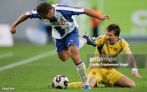 Marcel Schied of Rostock tussels for the ball with Marco Grim of Braunschweig during the Second Bundesliga match between Hansa Rostock and Eintracht...