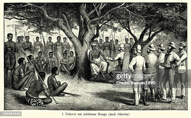 19th century africa -  meeting in the congo - republic of the congo stock illustrations