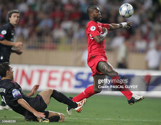 Liverpool forward French Djibril Cisse scores a goal during the UEFA Super Cup Liverpool football match FC vs PFC CSKA Moscow, 26 August 2005 at the...