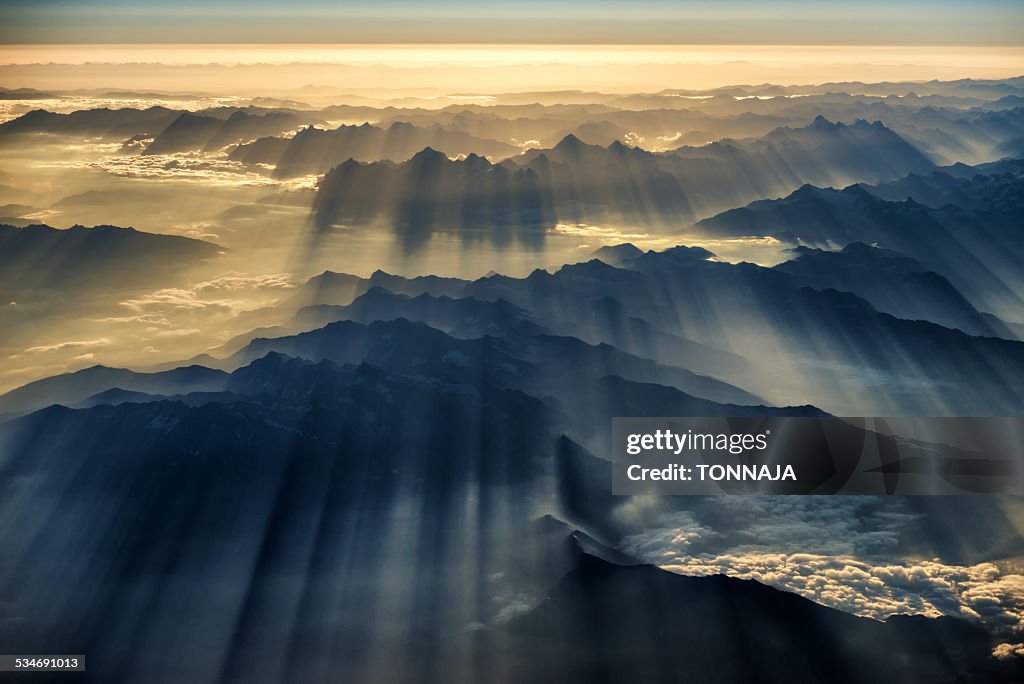 Himalaya range and sunray