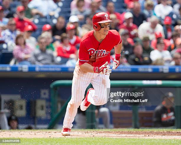 David Lough of the Philadelphia Phillies bats against the Miami Marlins at Citizens Bank Park on May 18, 2016 in Philadelphia, Pennsylvania.