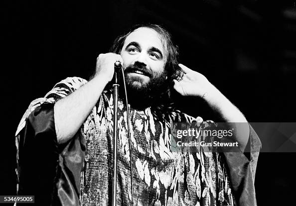 Greek singer Demis Roussos performs on stage in London circa 1976 ...