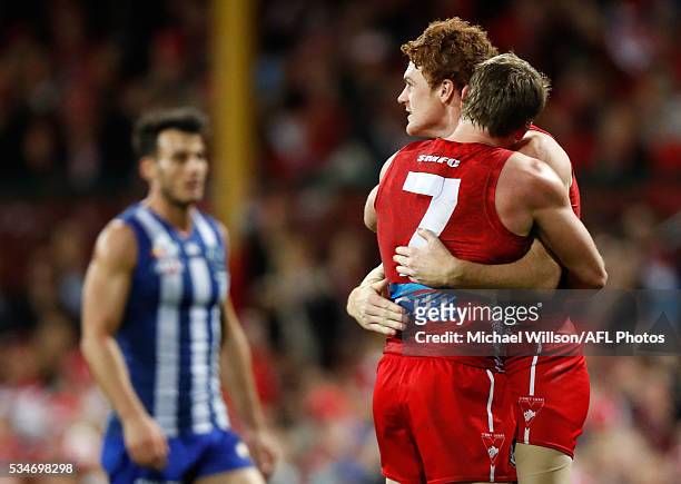 Harry Cunningham and Gary Rohan of the Swans celebrate during the 2016 AFL Round 10 match between the Sydney Swans and the North Melbourne Kangaroos...