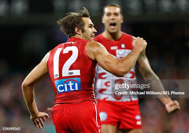 Josh Kennedy and Lance Franklin of the Swans celebrate during the 2016 AFL Round 10 match between the Sydney Swans and the North Melbourne Kangaroos...