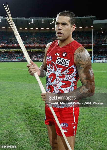 Lance Franklin of the Swans looks on during the 2016 AFL Round 10 match between the Sydney Swans and the North Melbourne Kangaroos at the Sydney...