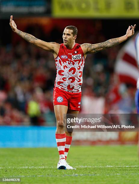 Lance Franklin of the Swans celebrates a goal during the 2016 AFL Round 10 match between the Sydney Swans and the North Melbourne Kangaroos at the...