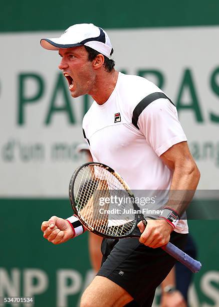 Teymuraz Gabashvili of Russia reacts during the Men's Singles third round match against John Isner of the United States on day six of the 2016 French...