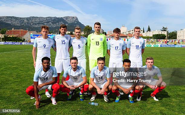 The England team pose for a team photograph during the Toulon Tournament match between Japan and England at the Stade Leo Lagrange on May 27, 2016 in...