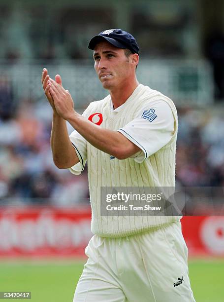 Simon Jones of England acknowledges the crowd after taking five wickets during day three of the Fourth npower Ashes Test match between England and...