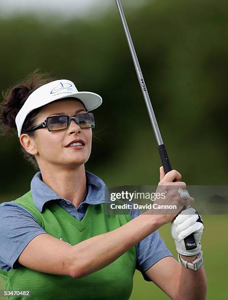 Catherine Zeta-Jones of Wales in action on the tee during The Nearest to the Pin Charity Challenge prior to the official photocall for the All-Star...