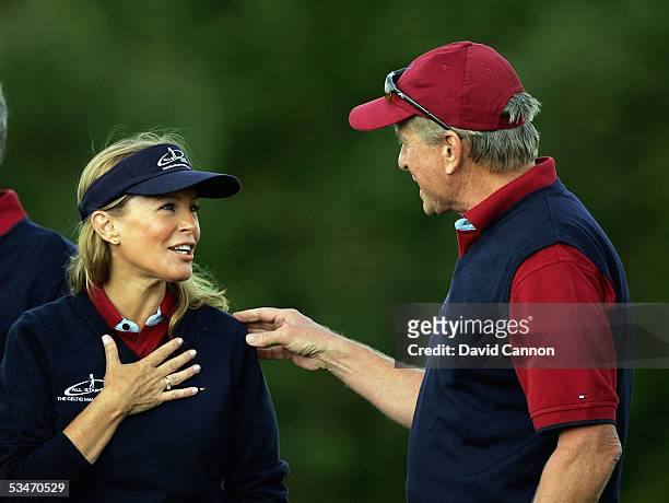 Cheryl Ladd of the USA chats with Michael Douglas during the Nearest the Pin Charity Challenge prior to the official photocall for the All-Star Cup...