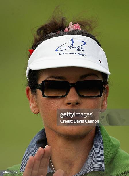 Catherine Zeta-Jones of Wales gestures on the tee during The Nearest to the Pin Charity Challenge prior to the official photocall for the All-Star...