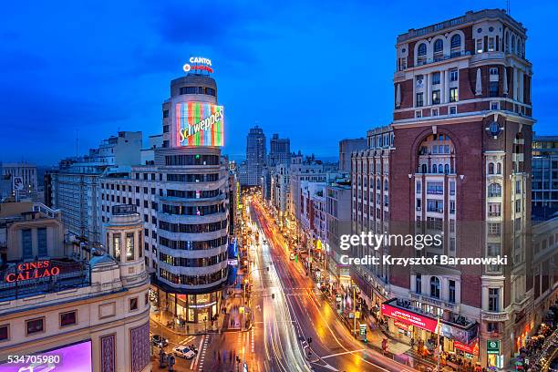 plaza del callao dusk - gran vía madrid stock pictures, royalty-free photos & images