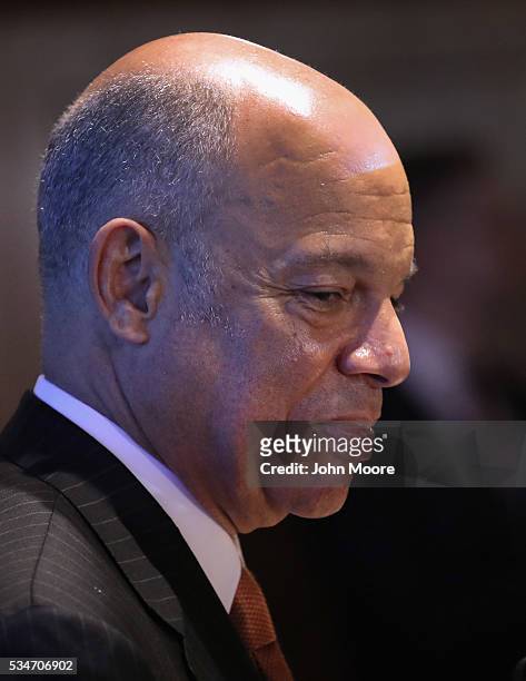 Secretary of Homeland Security Jeh Johnson takes part in a naturalization ceremony for new American citizens on May 27, 2016 in New York City....