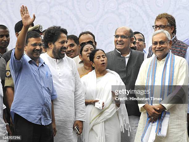 West Bengal Chief Minister Mamata Banerjee with Delhi Chief Minister Arvind Kejriwal and Bihar Chief Minister Nitish Kumar during her swearing-in...