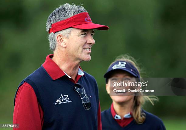 Cheryl Ladd of the USA watches Patrick Duffy of the USA during the Nearest the Pin Charity Challenge prior to the official photocall for the All-Star...