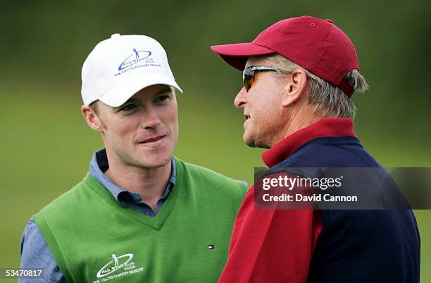Ronan Keating of Ireland with Michael Douglas of the USA during the Nearest the Pin Charity Challenge prior to the official photocall for the...