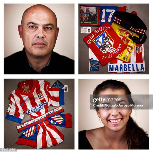 This composite image shows Athletico Madrid fans alongside the memorabilia they will take to the UEFA Champions League Final on Saturday. **TOP...
